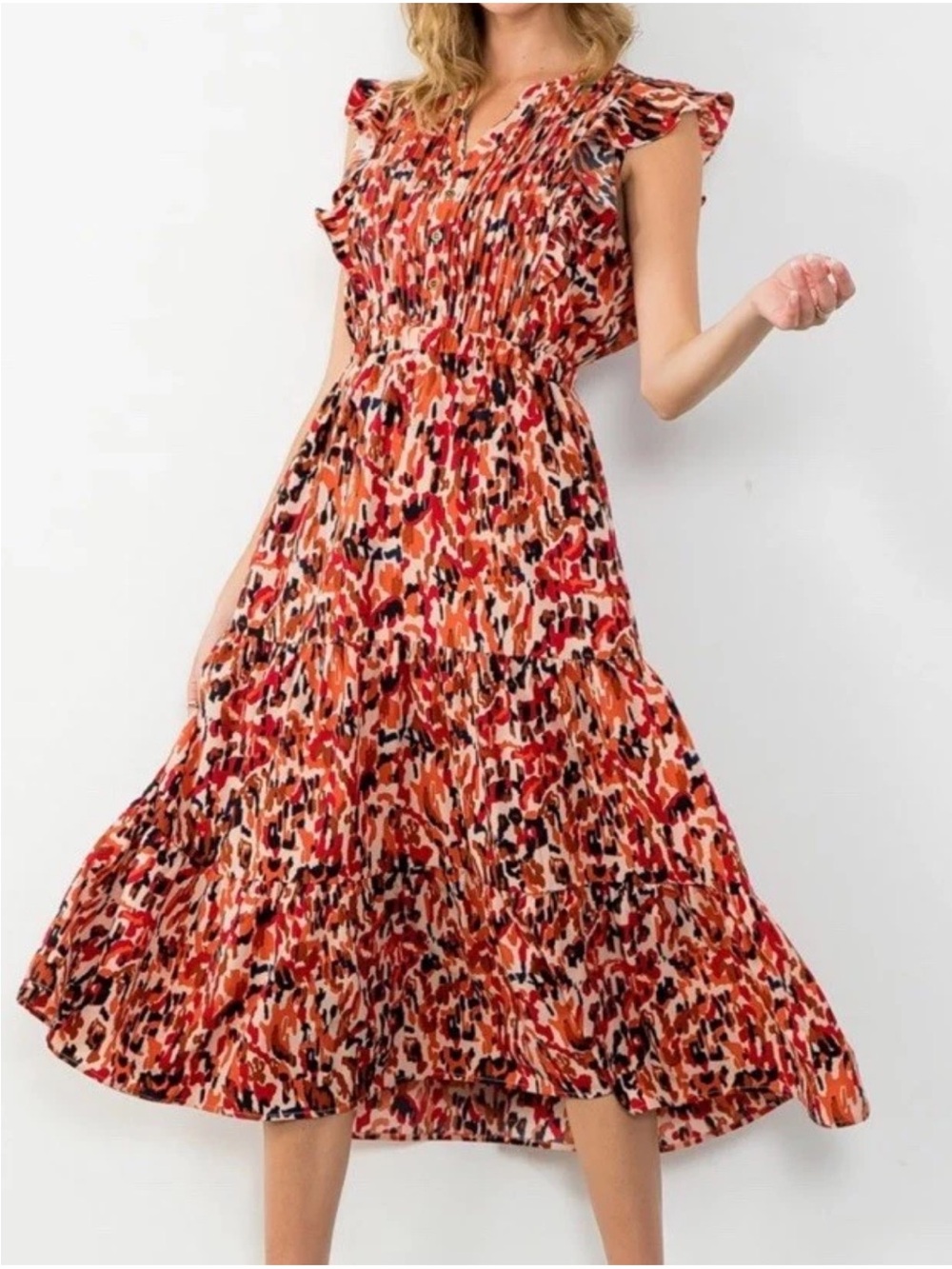 THML Abstract Dot Flutter Sleeve Tiered Maxi Dress